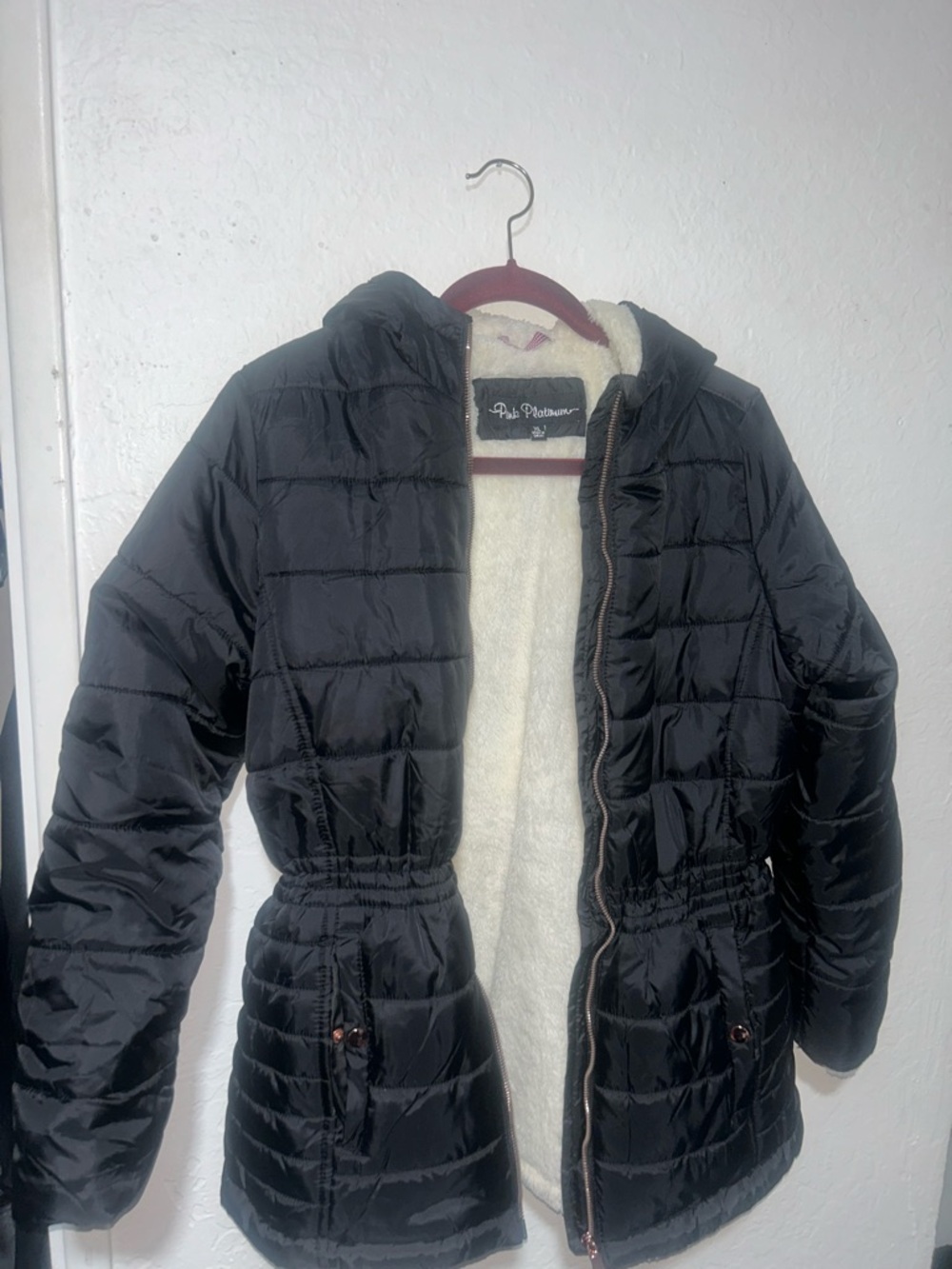 Pink Platinum Black Quilted Puffer Coat with Cream Sherpa Lining